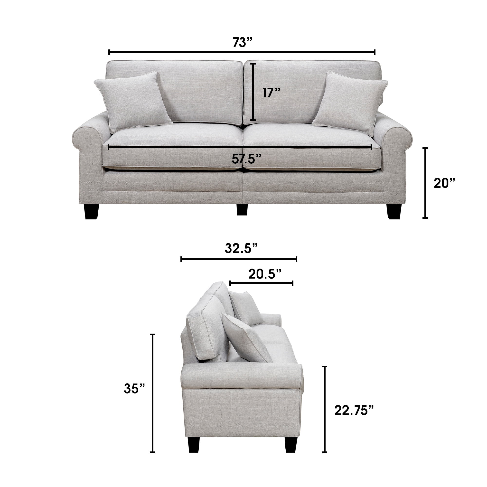 Serta Copenhagen Traditional Rolled Arm 73-inch Sofa, Pebble Gray Fabric
