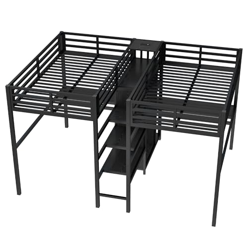 Bellamave Metal Loft Bed with Wardrobe and L-Shaped Desk, Full Size Loft Bed with Storage Cubes and Shelves, Heavy Duty LoftBed for Kids Teens Adults