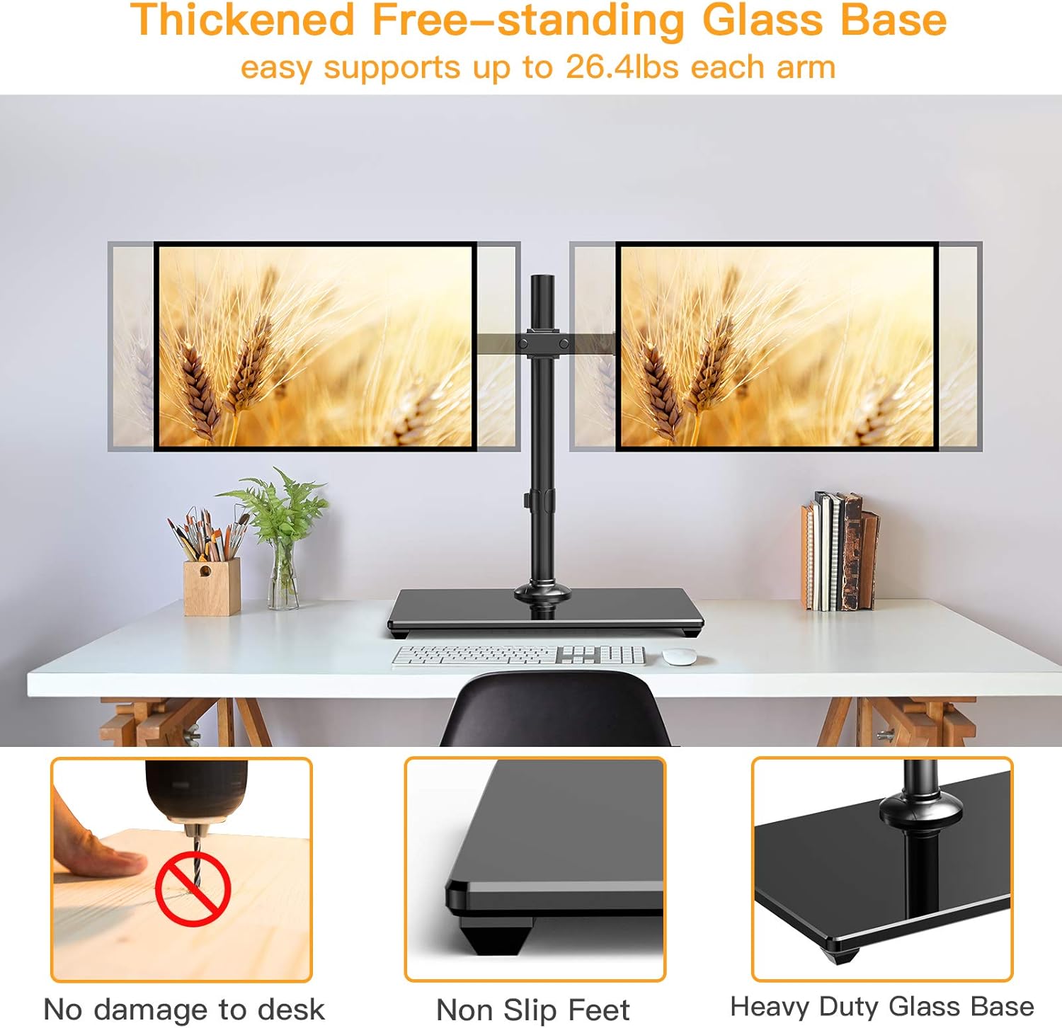 ErGear Dual Monitor Stand with Glass Base, Freestanding Height Adjustable Two Arm Monitor Mount