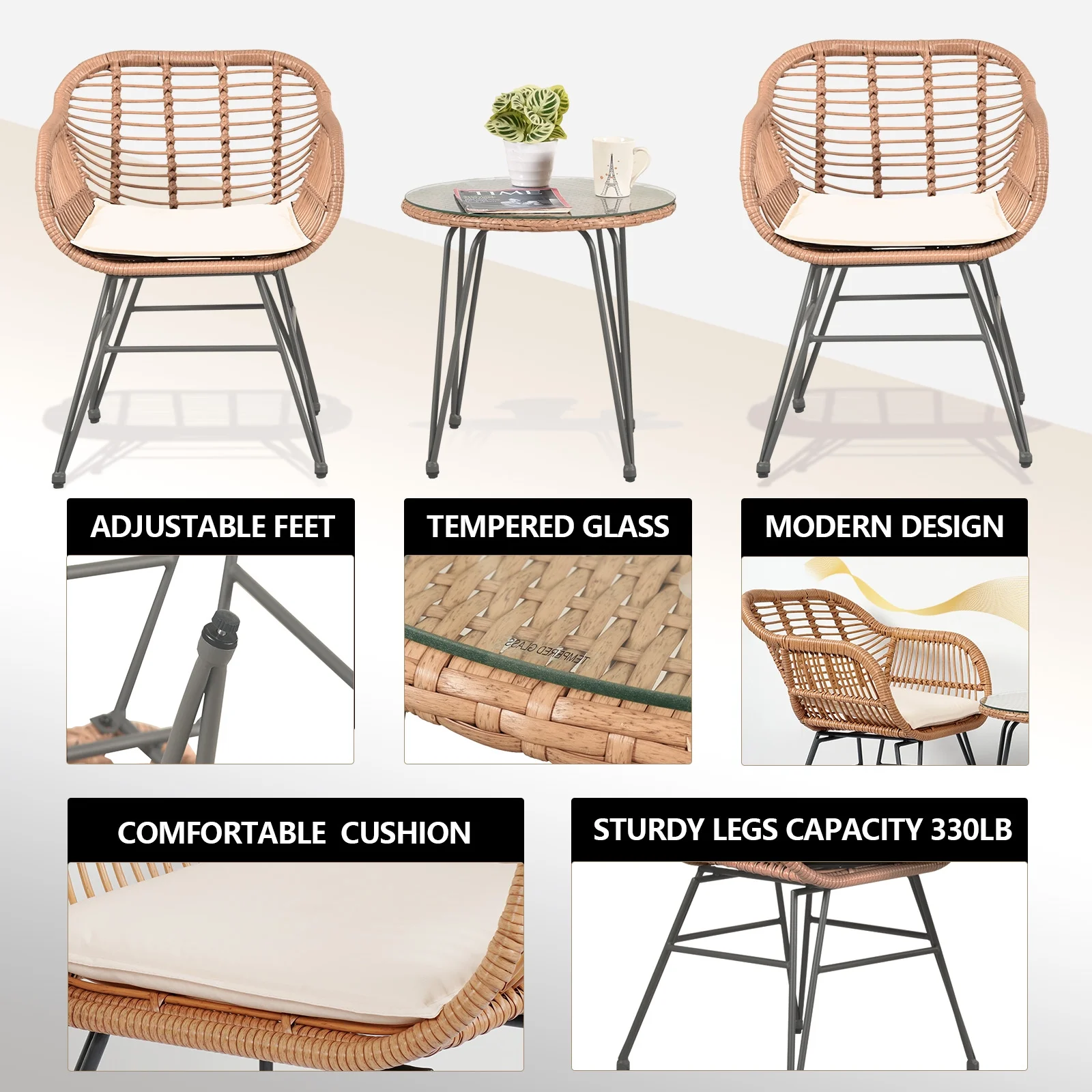 Tappio 3 Piece Outdoor Wicker Furniture Patio Bistro Set, PE Rattan Wicker Chairs Set with Table and Cushions