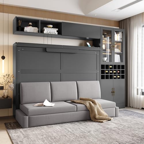Queen Size Murphy Bed with Sofa, Shelves, USB & Light, Can be Folded Wall Bed and Tall Cabinet with Glass Doors& Wine Rack