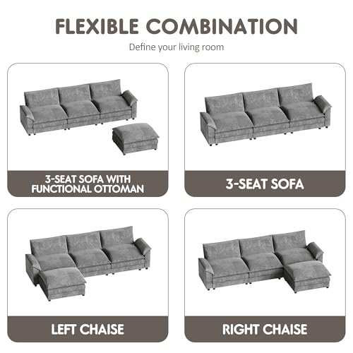 Homall 119" Modular Sectional Sofa, L Shaped Sofa Couch with Reversible Ottoman, DIY Combination Chenille Deep 3-Seat Cloud Couch for Living Room