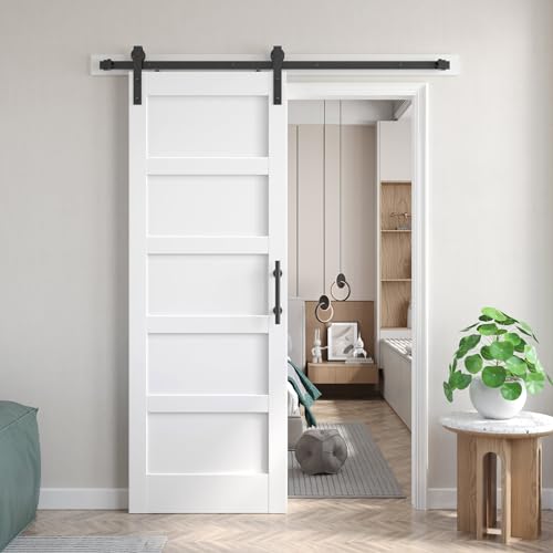 Fredbeck Double 21inx84in White Barn Door and 7FT Sliding Barn Door Hardware Kit Included,Solid,MDF, PVC Surface,DIY Assembly,5-Panel