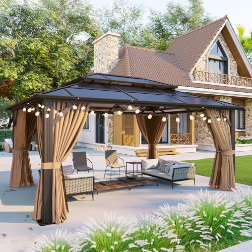 Aoxun 12'x10' Hardtop Gazebo, Aluminum Frame Permanent Pavilion with Curtains and Netting, Outdoor Polycarbonate Double Roof Canopy