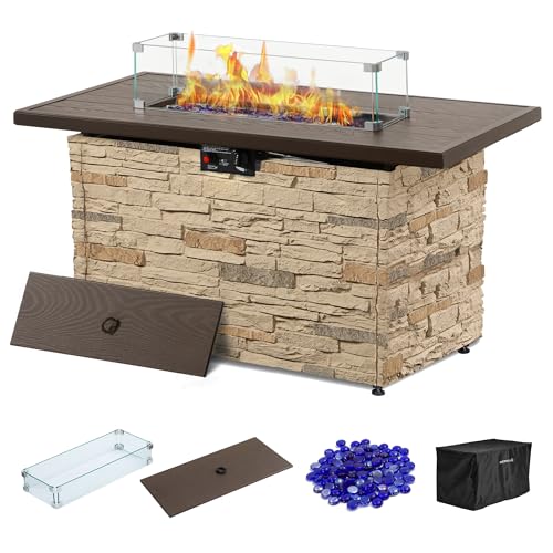43¡± Propane Fire Pit Table Outdoor Rectangular Stone Firepit Table 50,000 Btu Propane Fire Tables for Outside Patio with Glass Wind Guard, Lid