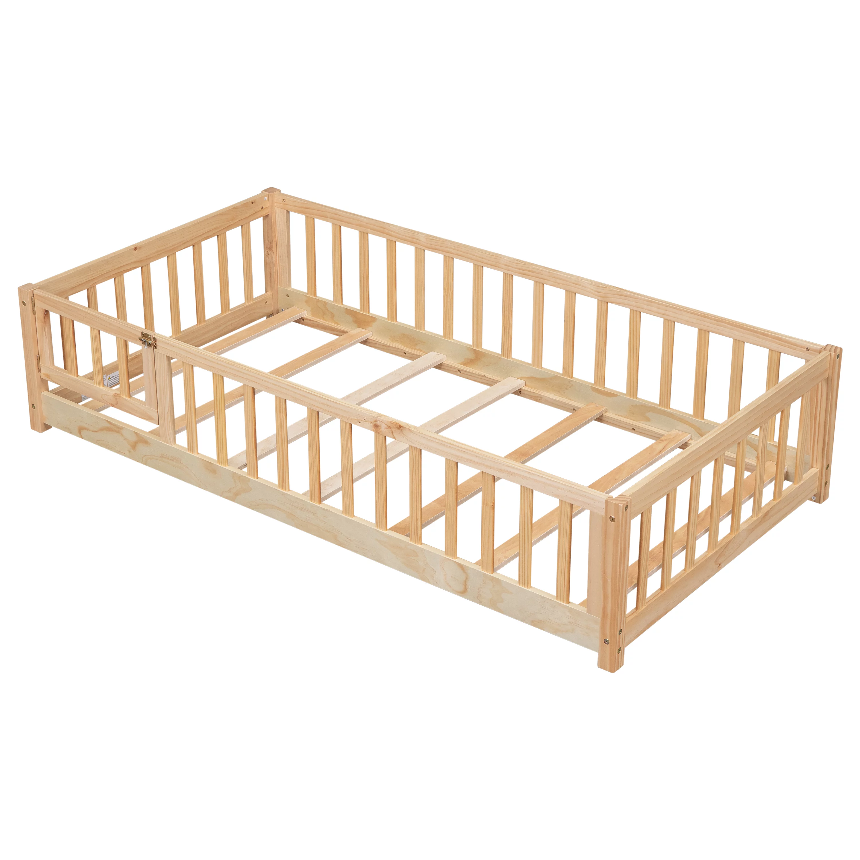 PAPROOS Twin Floor Bed Frame for Toddler, Wood Platform Bed with Wooden Slats, Fence and Door