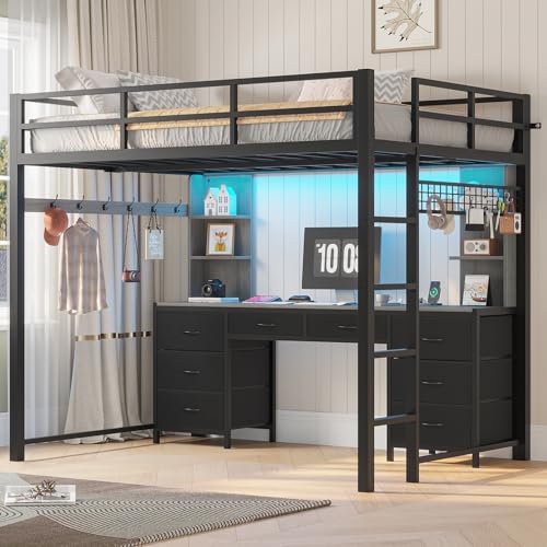 ADORNEVE Full Size Loft Bed with Desk and 8 Storage Drawers, Metal Loft Beds Full with LED Lights & Charging Sation