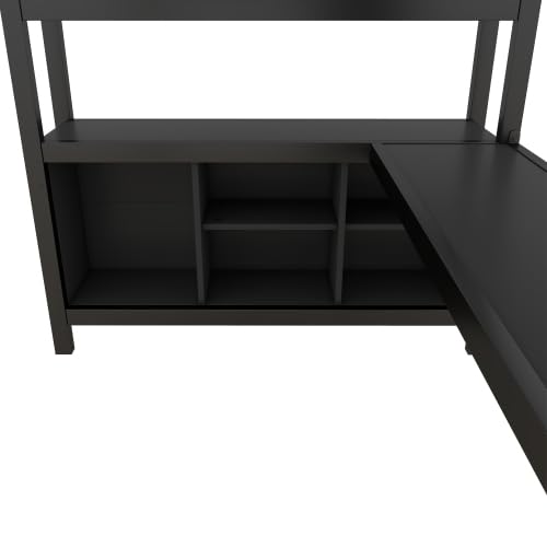 Metal Loft Bed with Wardrobe and L-Shaped Desk, Full Size Loft Bed with Storage Cubes and Shelves, Heavy Duty Loft Bed for Kids Teens, White