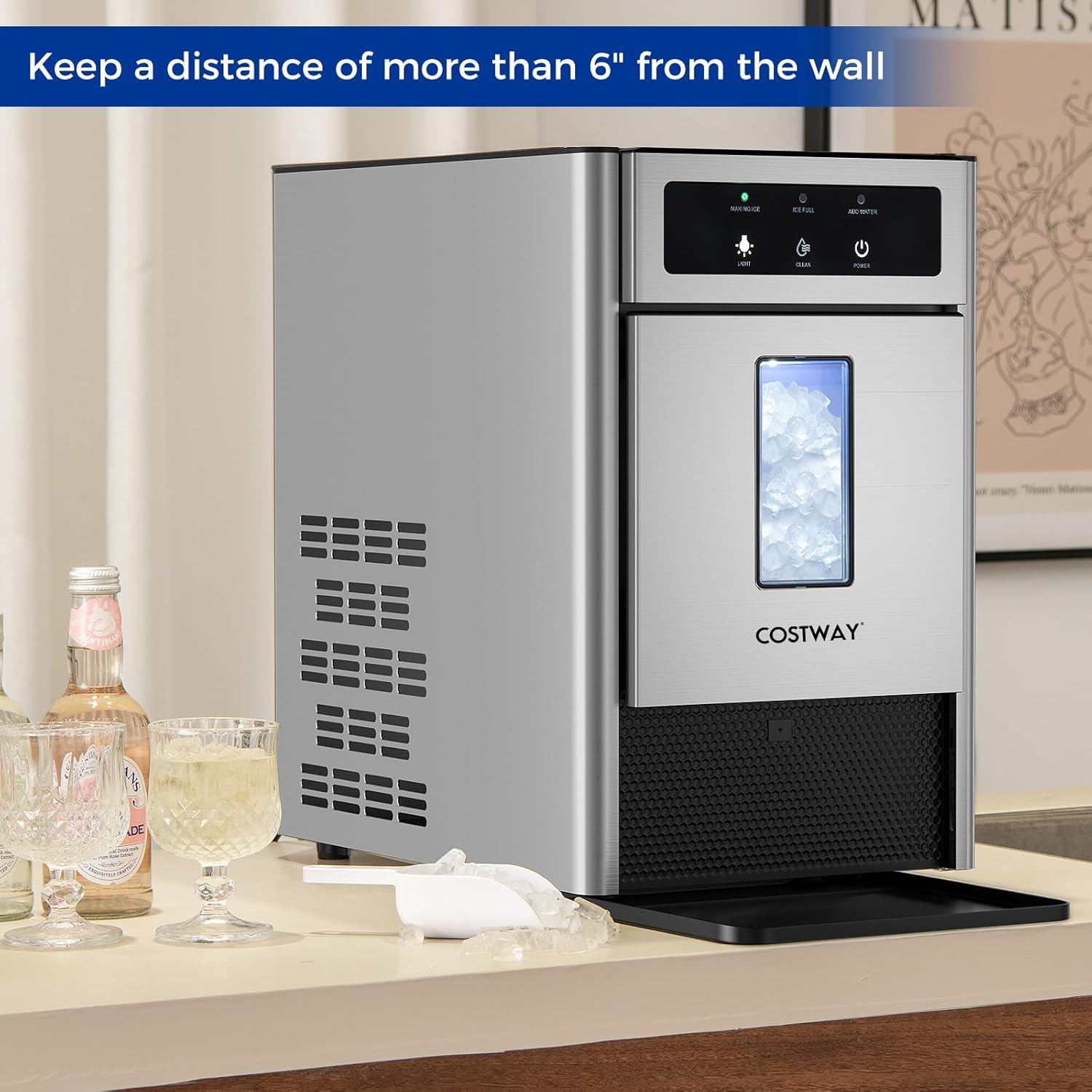COSTWAY Nugget Ice Maker Countertop, 40 Lbs/24H Soft Ice, Pebble Ice Maker with Self-Cleaning Function, LED Light, Manual and Auto Water Refill
