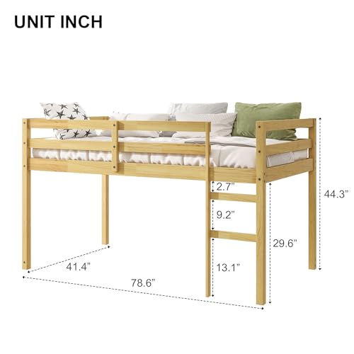 Low Loft Bed Twin Size, Kids Solid Wood Modern Loft Bed Frame with Ladder and Safety Guardrail for Girls Boys, Noise-Free,Non-Toxic Finishes