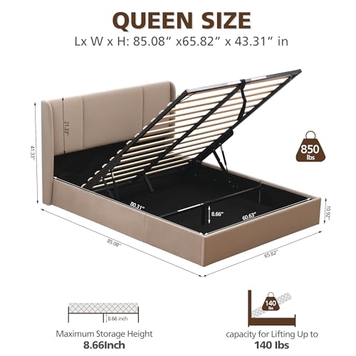 VELOCAVA Queen Size Lift Up Storage Bed with Modern Wingback Headboard, Upholstered Platform Bed with Fabric with Hydraulic Support Bars