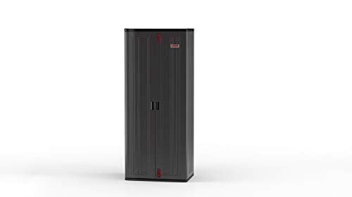 Suncast 19 Cubic Ft. Heavy-Duty Resin Cabinet with Lockable Handles, Multi-Wall Construction, and Metal-Reinforced Shelves for Basement