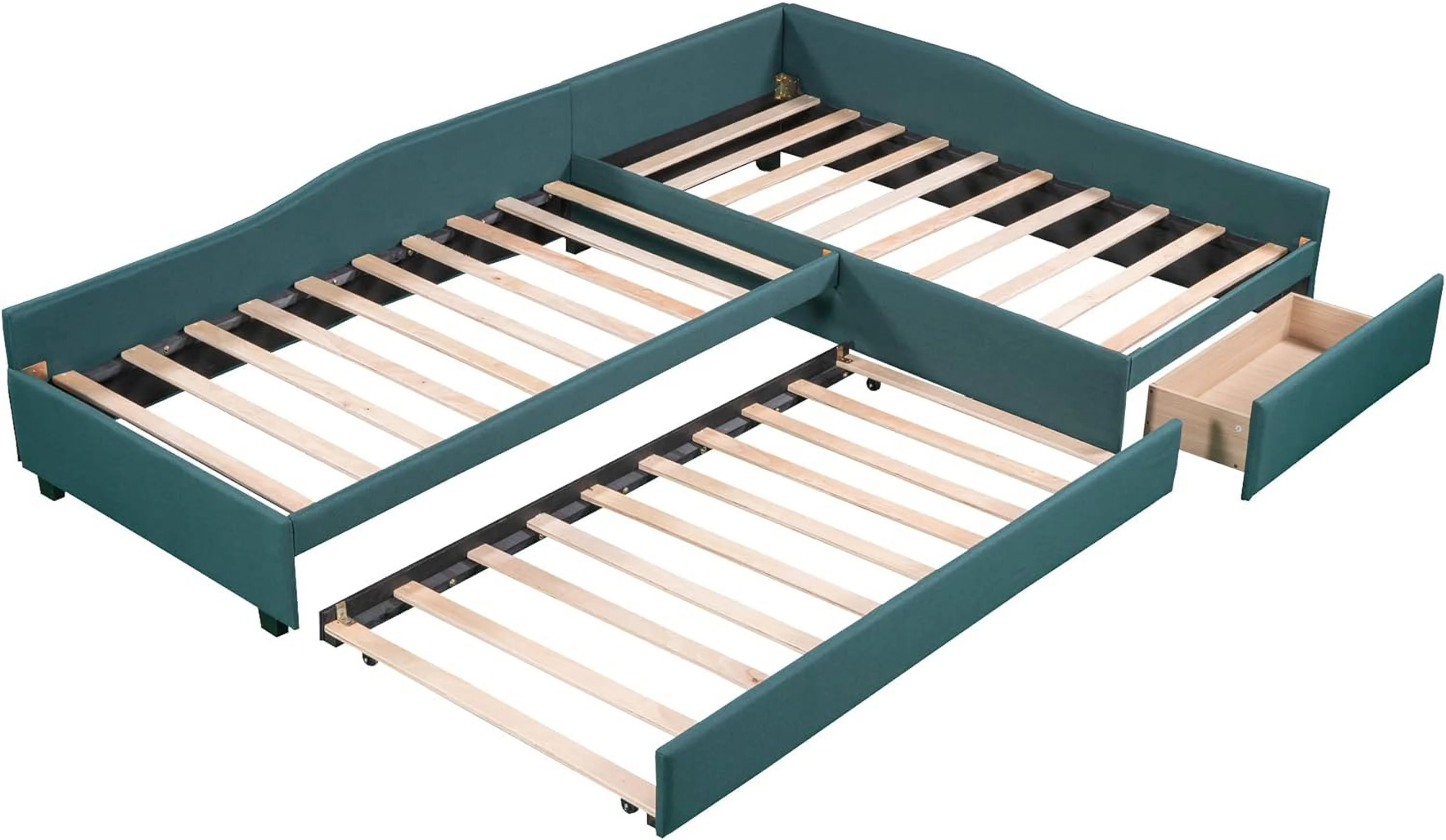 Upholstered Double Size Daybed With Trundle And Drawer, Living Room Sofa Bed, No Box Spring Need (Green)