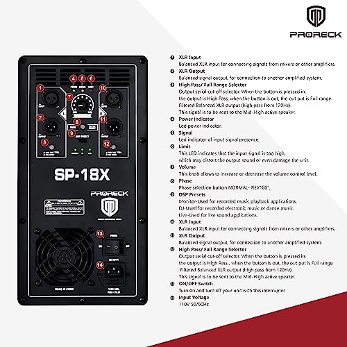 PRORECK SP-18X Active Powered PA DJ Subwoofer Cabinet 18 inch 3000W P.M.P.O with Class-D Amplifier, 3 DSP Presets-Monitor, Coil Bass Reinforcement