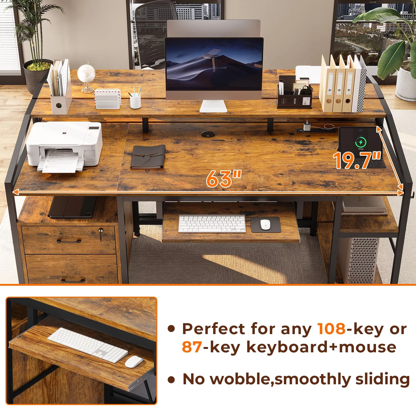 Computer Desk with LED Light and Power Outlet, 63 inches Gaming Desk with Lock Drawers for Legal/Letter File, Rustic Brown