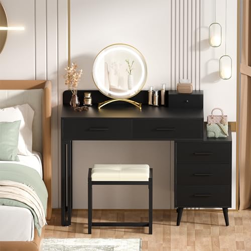 White Vanity Desk with Mirror and Lights, Modern Makeup Vanity Table Set with 6 Storage Drawers and Cushioned Stool for Bedroom