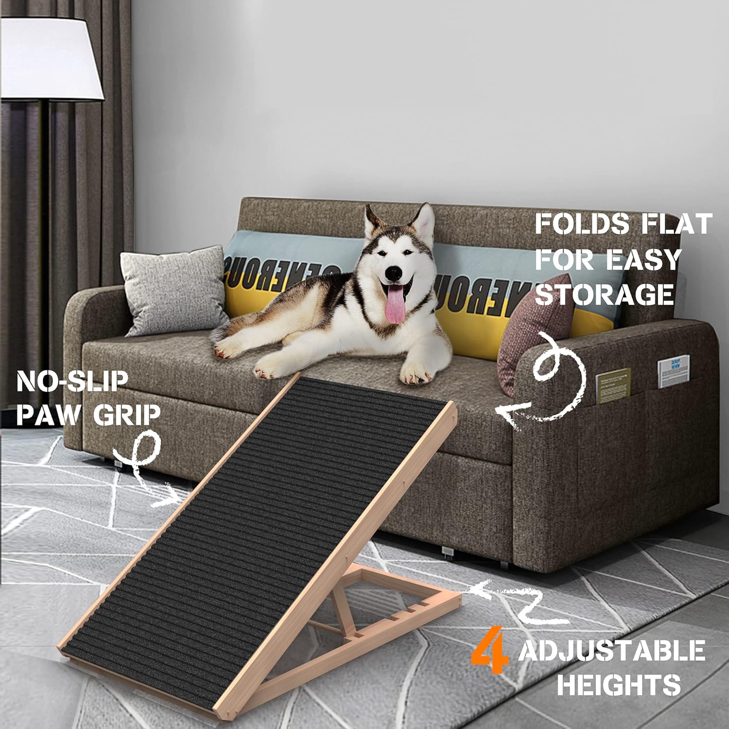 SASRL Adjustable Pet Ramp for All Dogs and Cats - Folding Portable Dog Ramp for Couch or Bed with Non Slip Carpet Surface
