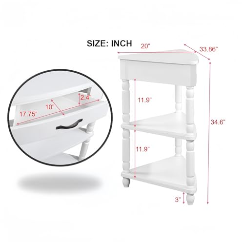 3-Tier Corner Shelf with Drawer, Living Room Corner Cabinet with Solid Wood Legs, Small Corner Table with Storage