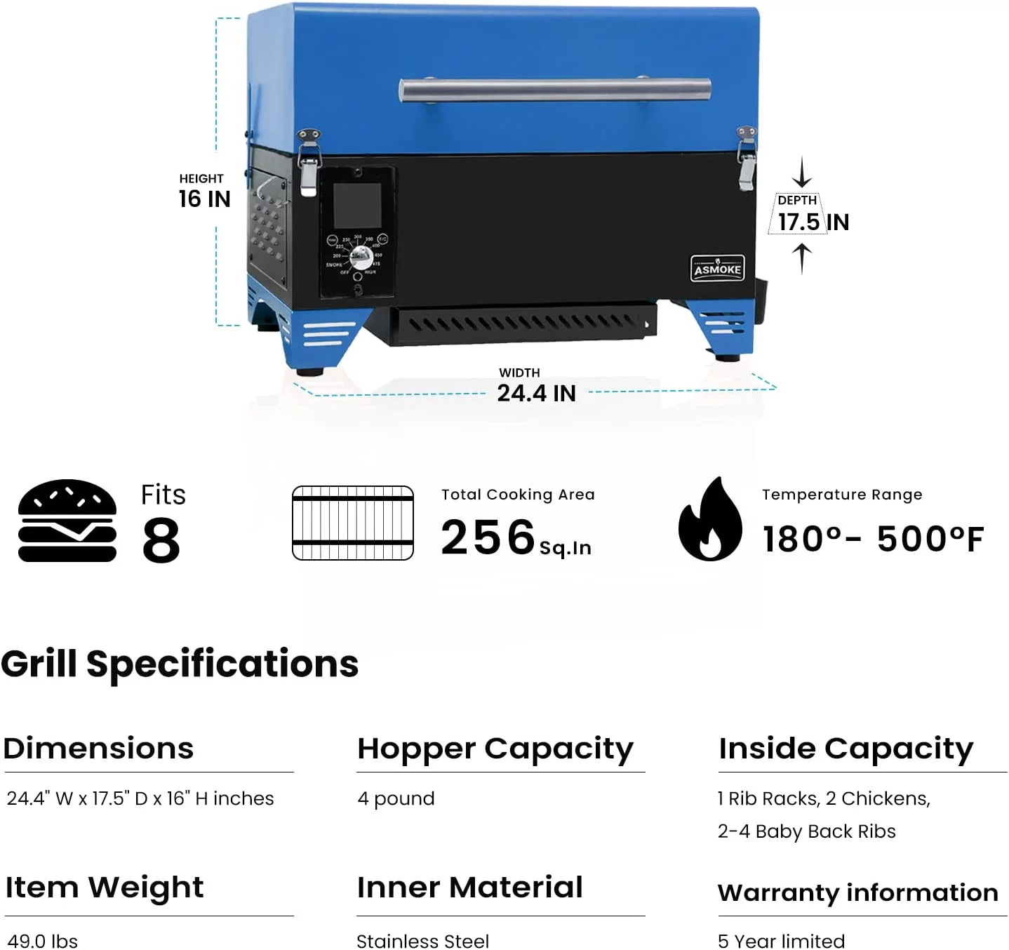 ASMOKE AS350 Portable Wood Pellet Grill & Smoker, Superheated Steam Technology, 8-In-1 Cooking Versatility, 256 Sq in Navy Blue
