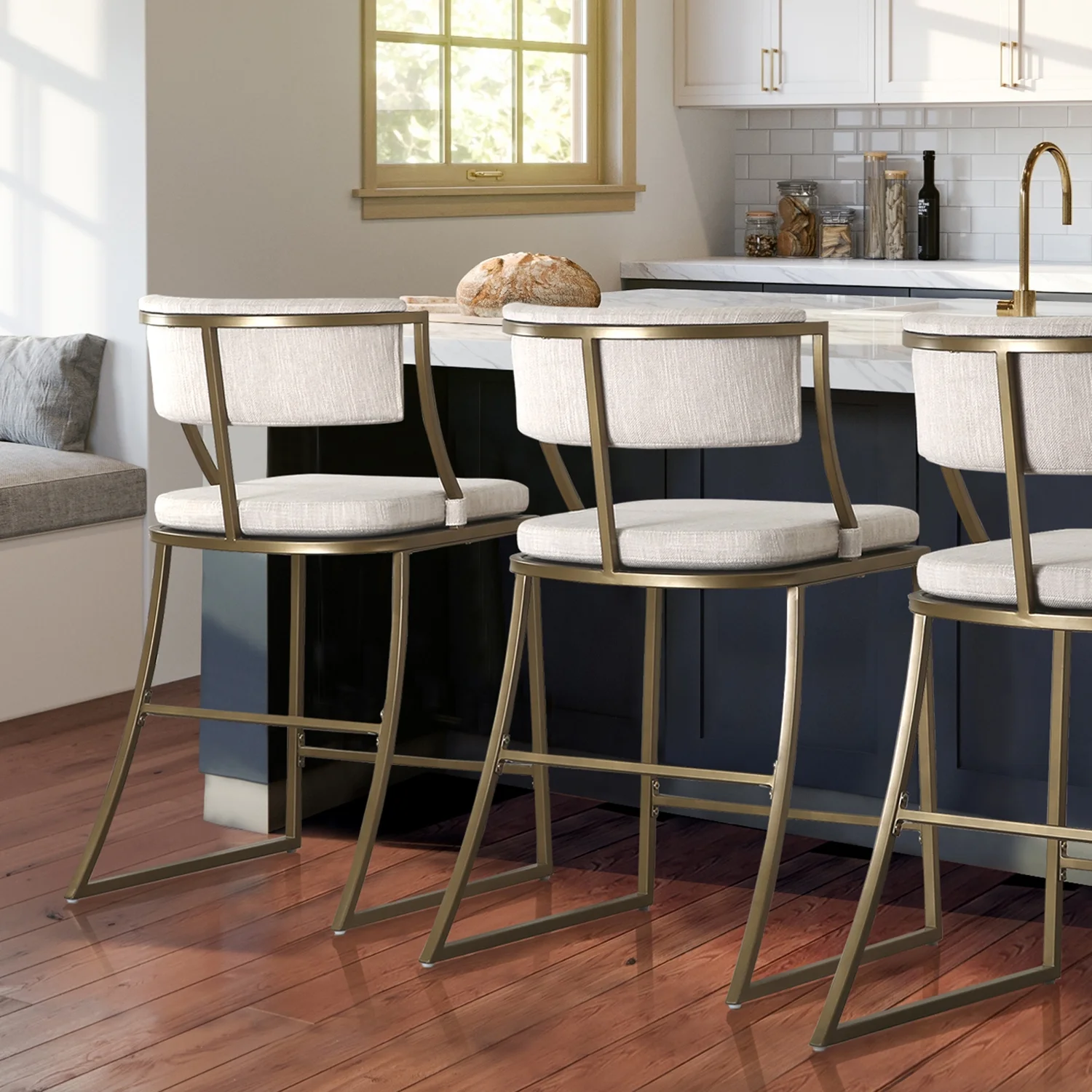 Mina 25in. Counter-Height Metal Bar Stool with Back- Antique Brass