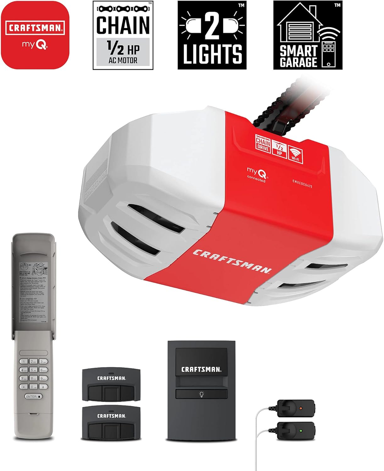 CRAFTSMAN 1/2 HP Smart Garage Door Opener - myQ Smartphone Controlled - Chain Drive, Wireless Keypad Included, Model CMXEOCG472, Red