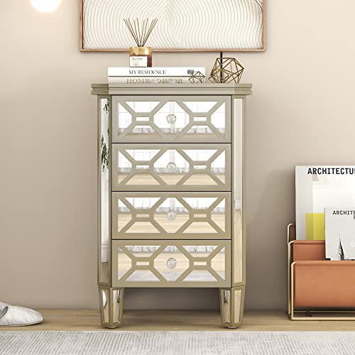 4-Drawer Chest Mirrored Bedroom Chests with Golden Lines, Crystal-Shape Knob, Glass Luster Tall Storage Cabinet for Bedroom Living Room, Entryway