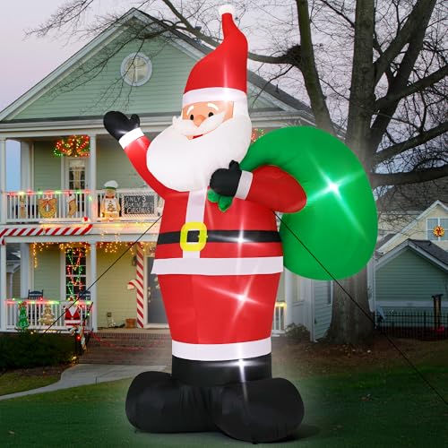 15FT Christmas Inflatables, Giant Inflatable Santa Claus Holding Gift Bags, Blow Up Christmas Santa Claus with 8pcs LED