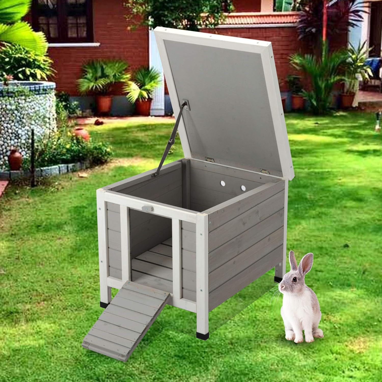 SNUGENS Topnotch Weatherproof Outdoor Wooden Bunny Rabbit Hutch Pet Cage Cat Shelter in White