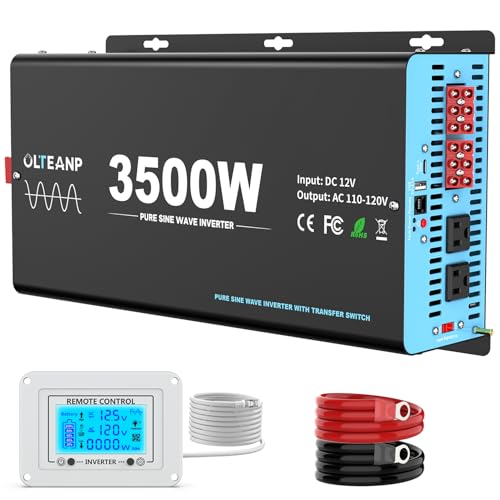 1500W Pure Sine Wave Inverter with Transfer Switch, 12V DC to 120V AC Converter with 2AC Outlets, USB Port, Type-C Port, Remote Controller