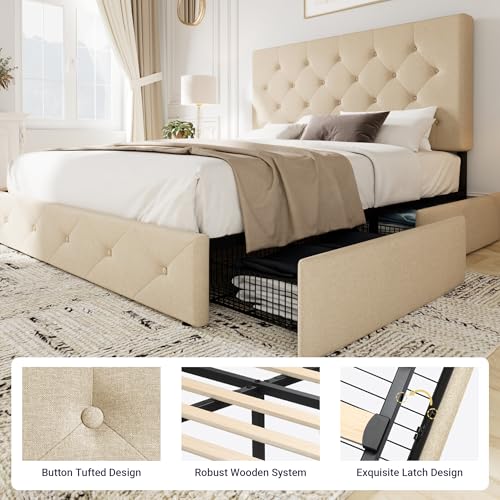 Allewie Upholstered Queen Size Platform Bed Frame with 4 Storage Drawers and Headboard, Square Stitched Button Tufted