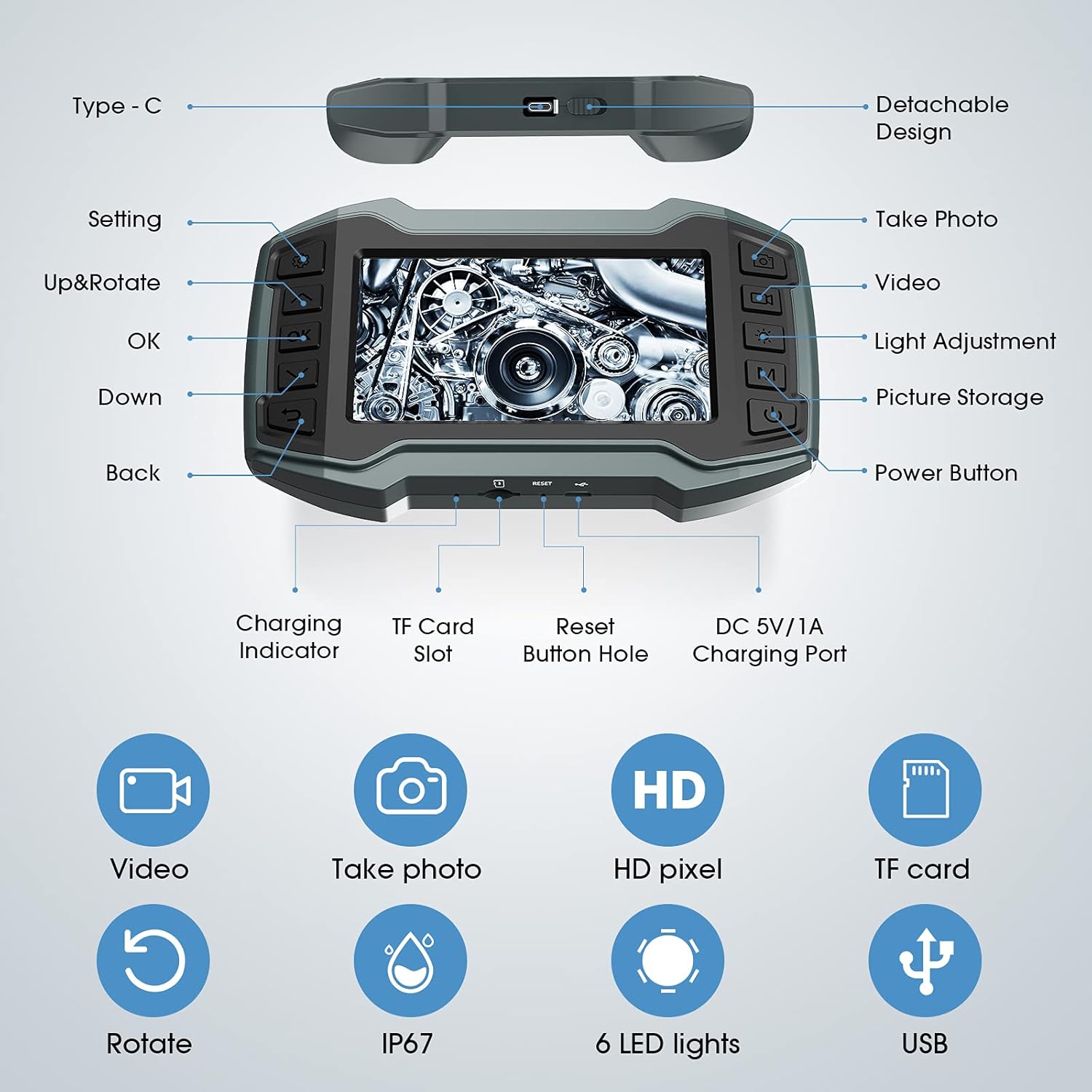 Borescope Inspection Camera, Industrial Endoscope Camera 1080P 4.5 IPS Screen w/ IP67 Waterproof Snake Camera 6 LED Lights