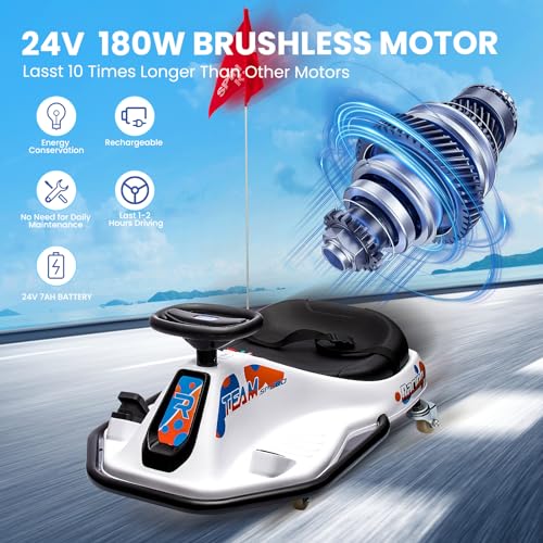 24V Electric Go Kart, 7Ah Drifting Car，Battery Powered Ride on Car Outdoor with 360 Degrees Rotating, Simplified Drift System, Variable Speed