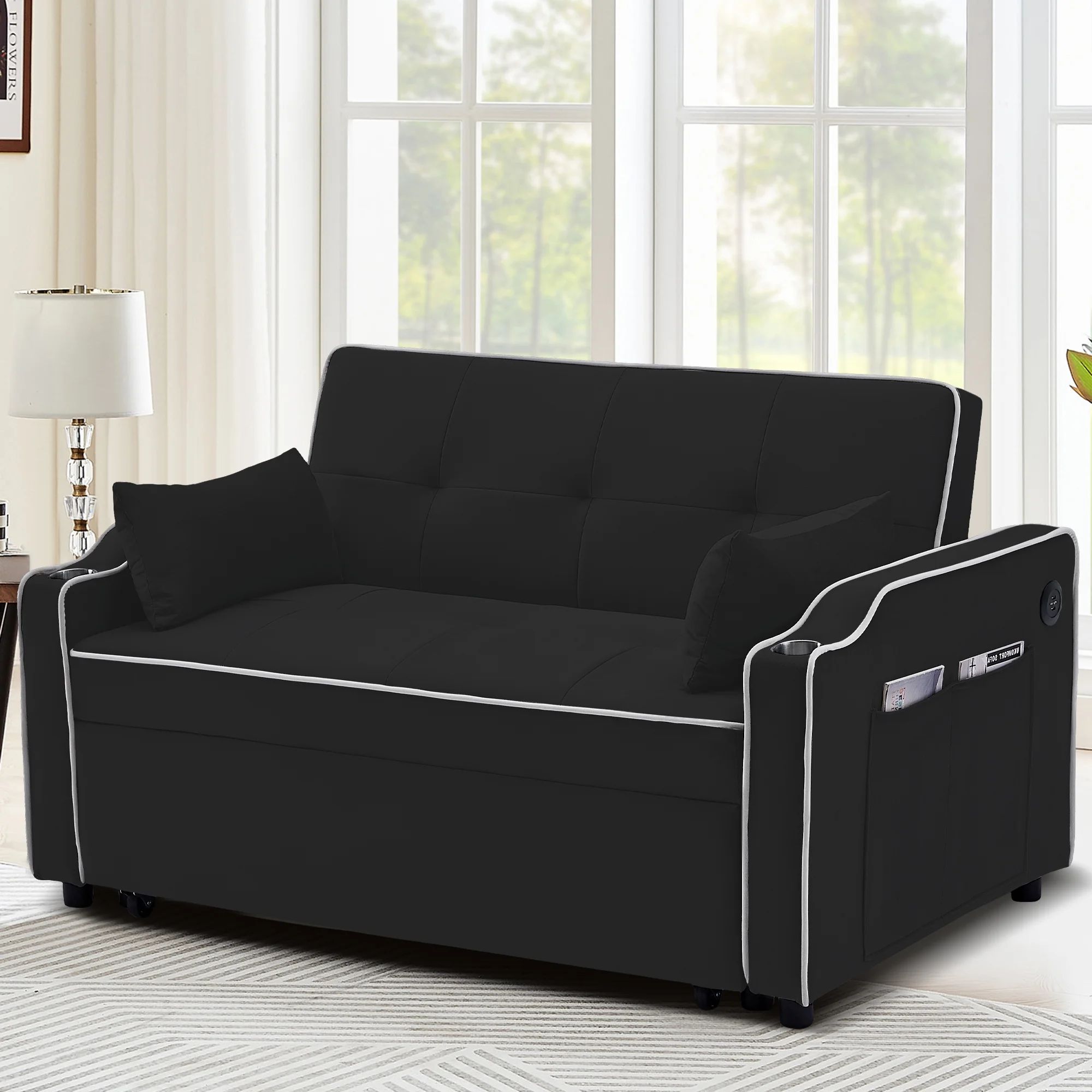 Momspeace Pull Out Loveseat Sleeper Sofa Bed with Cup Holders, Usb Ports and Side Pockets, Black - Radiant Selections