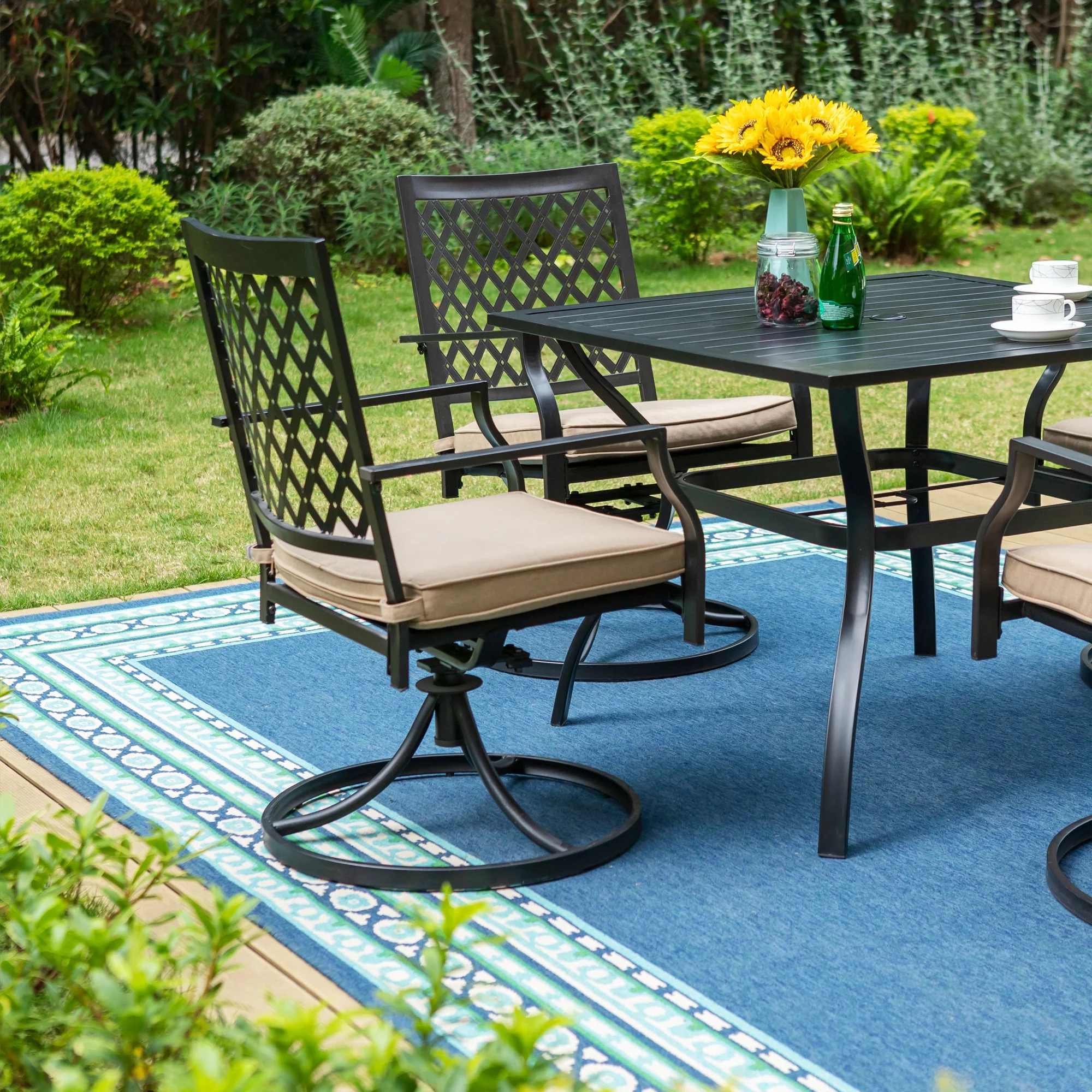 MF Studio 5-Piece Patio Dining Set Outdoor Metal Furniture with 4 Swivel Padded Chairs& 37" Square Table, Beige Cushion