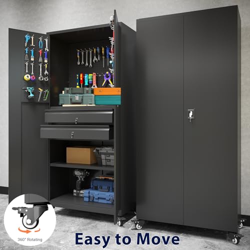 71" Metal Garage Storage Cabinet with Drawers and Wheels Rolling Tool Chest Cabinet with Pegboards