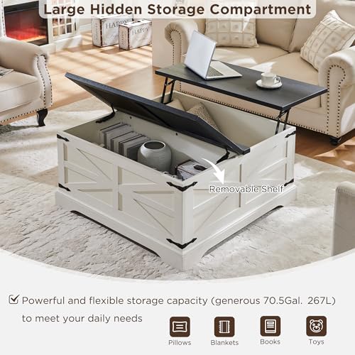 JXQTLINGMU Farmhouse Lift Top Coffee Table with Storage, 36" Wood Square Center Table with Large Hidden Compartment