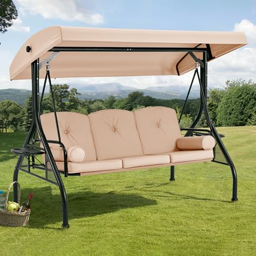HOMREST 3 Seat Outdoor Porch Swing with Adjustable Canopy, Convertible Patio Swing Bed with Stand, Patio Glider Swing with Upgraded Cup Holder