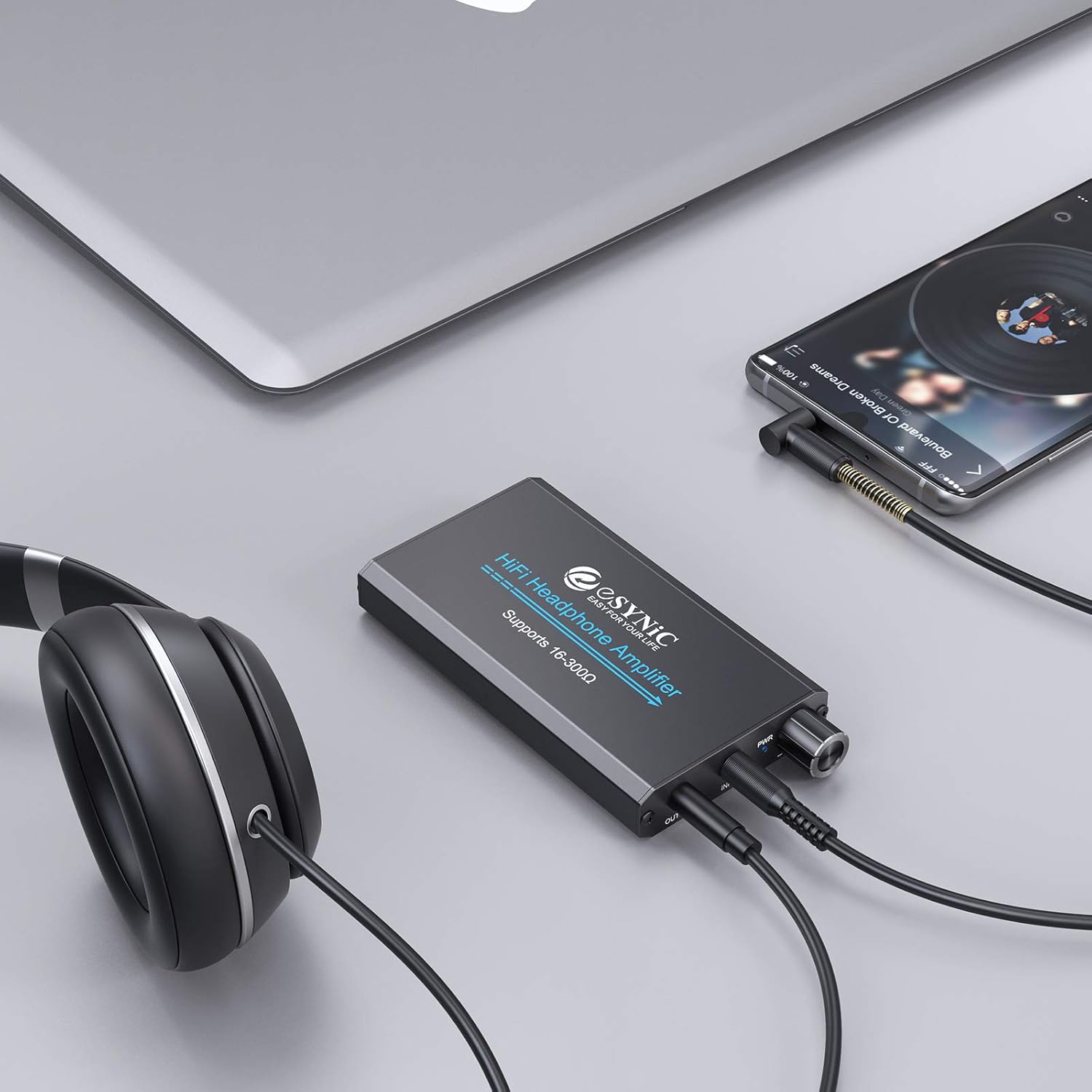 eSynic Headphone Amplifier Portable Amp 3.5mm Gain Switch Audio Rechargeable HiFi Earphone Headphone Amplifier with 1.2m USB Cable and Lithium