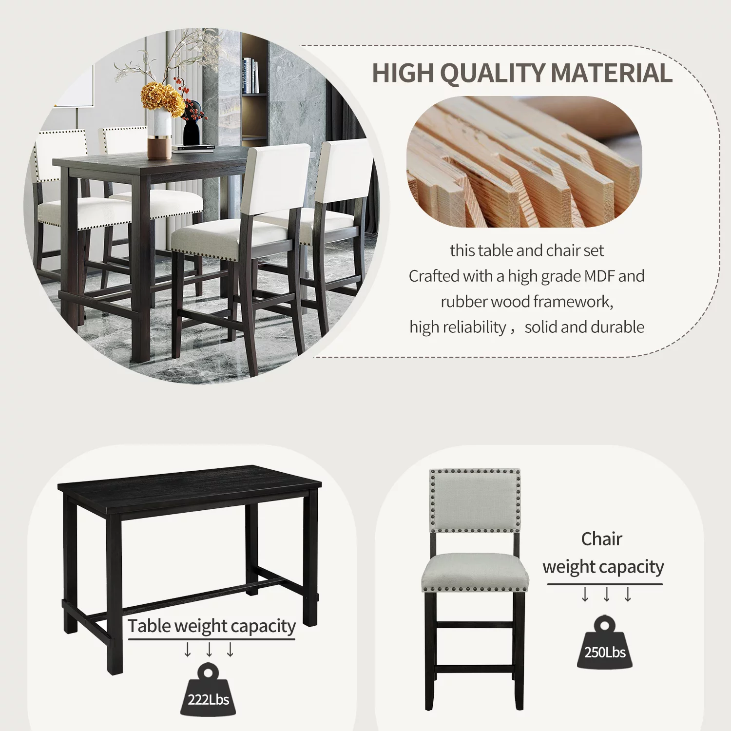 5 Piece Counter Height Bar Table with 4 Chairs, Classic Elegant Pub Table Set for Dining Room, Kitchen Room, Pub and Bistro - Radiant Selections