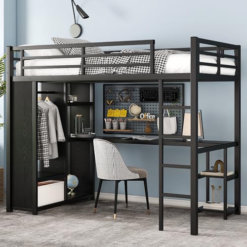 Queen Heavy Duty Metal Loft Bed with L-Shaped Desk, Wardrobe & 5 Storage Shelves – Space-Saving Design for Kids, Teens, Adults – CPC Certified