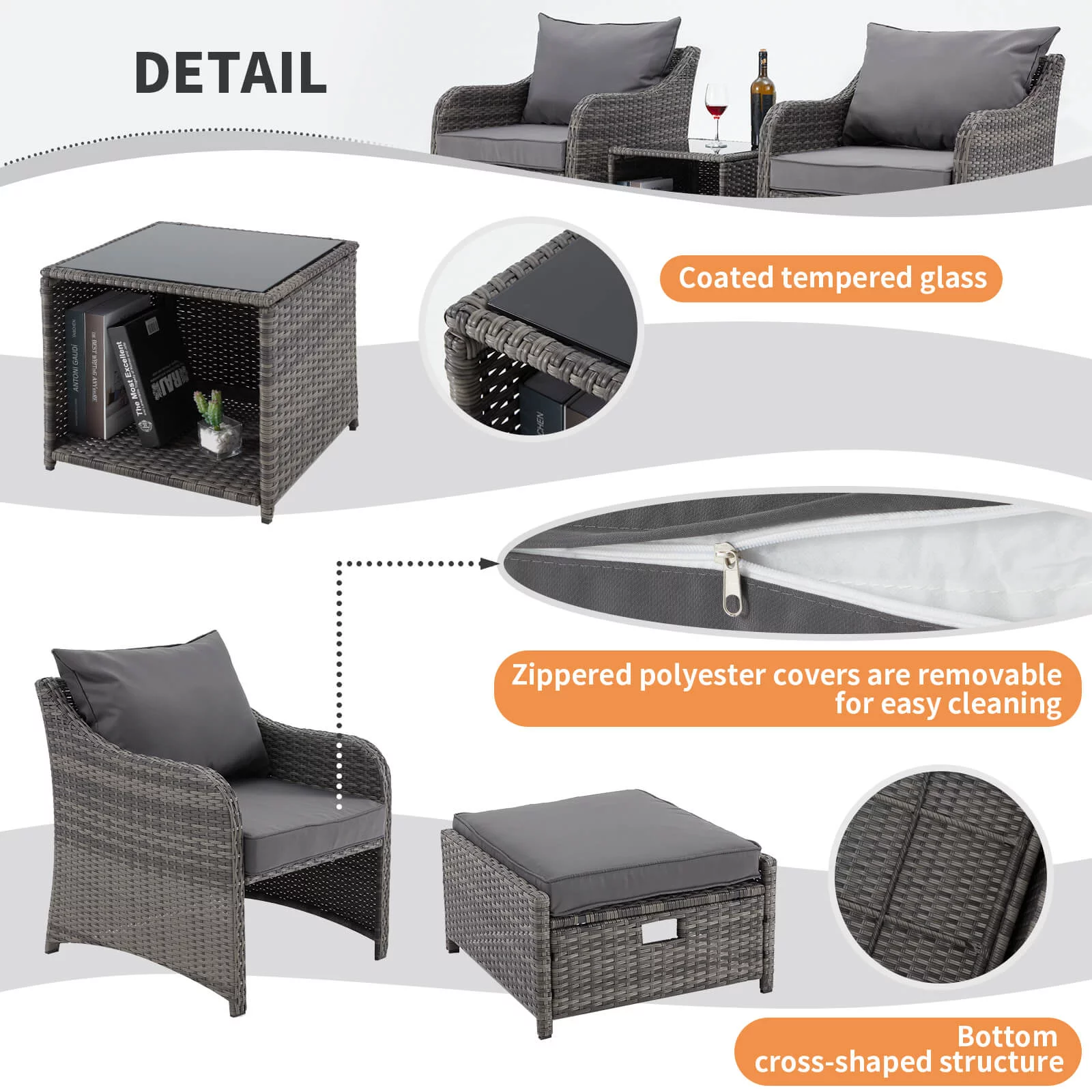 HOMREST 5 Piece Balcony Furniture, All Weather PE Wicker Rattan Patio Furniture Set, Cushioned Patio Chairs Set of 2 w/Ottoman&Table