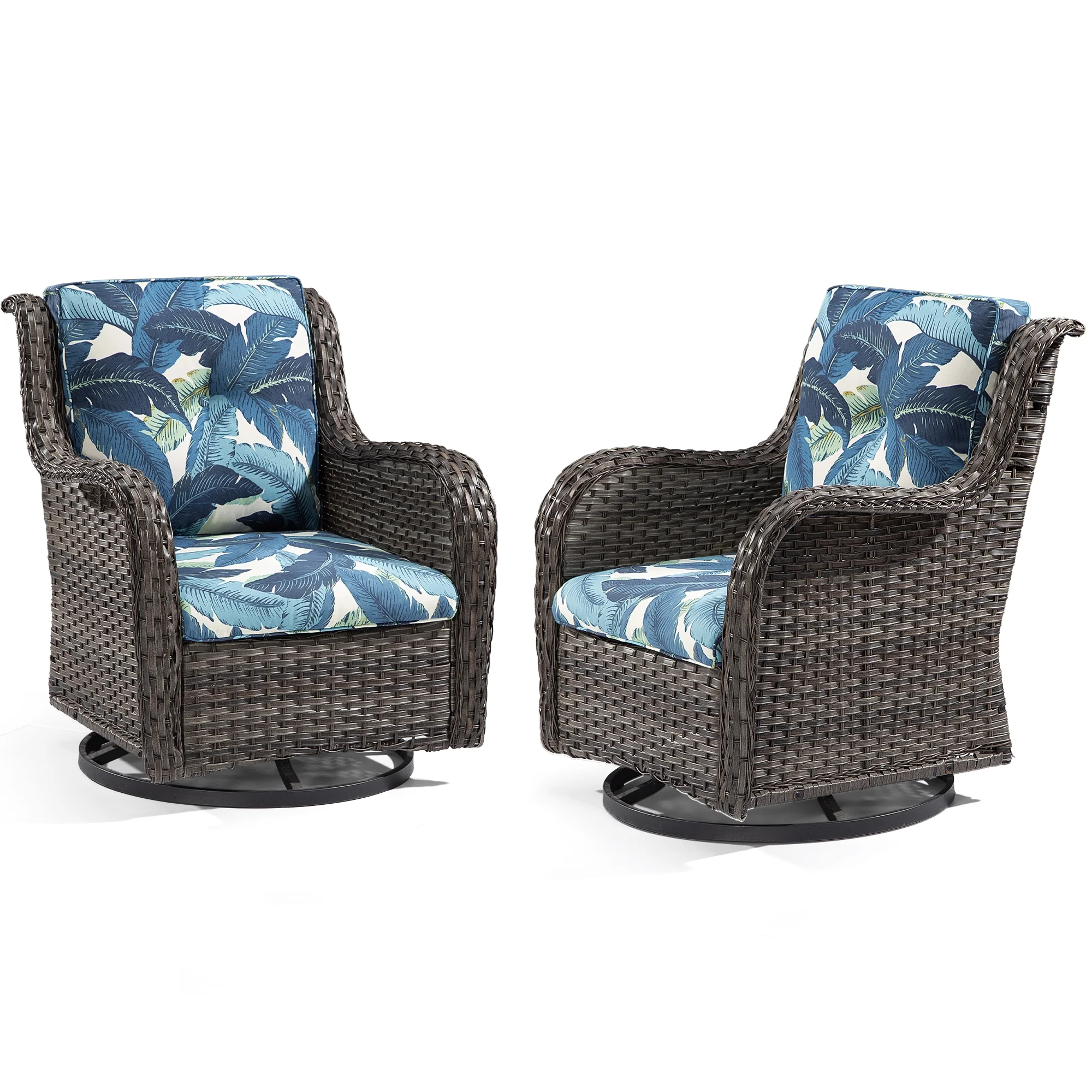 Meetleisure 2 Pieces Outdoor Patio Furniture Wicker Swivel Chair with Cushions for Backyard, Swaying Palms Blue