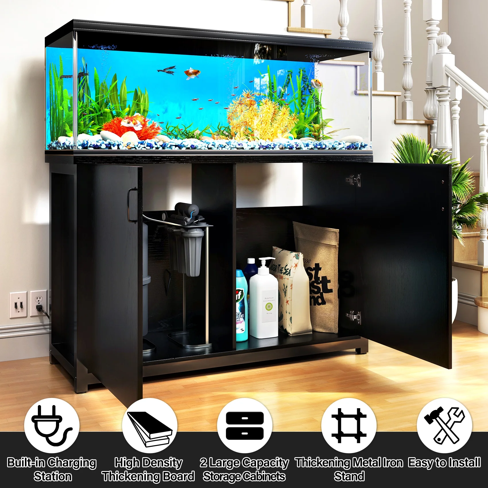 TC-HOMENY 55-75 Gallon Aquarium/Fish Tank Stand with Cabinet and Charging Station/Power Outlets, Black - Radiant Selections