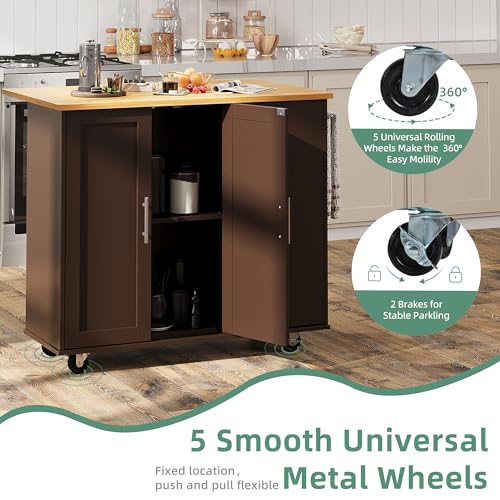 Shintenchi Rolling Kitchen Island Cart with Folding Drop Leaf Breakfast Bar, Portable Trolley Island with Large Storage Cabinet, Shelf and Drawer