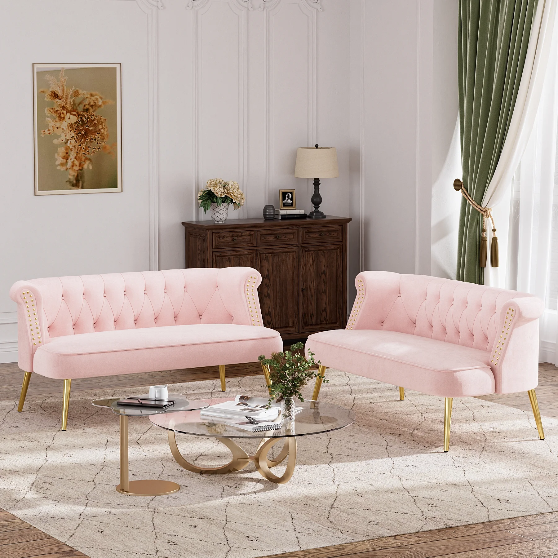 Modern Loveseat Settee Bench Sofa with Nailhead Trim and Golden Legs