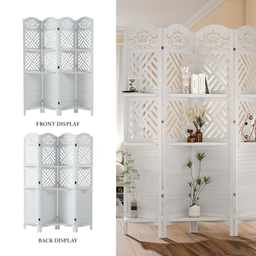 Room Divider with Shelves, 5.75ft Tall Folding Wood Carved Screen with Double Hinges for Home Office Bedroom Hotel Decoration (6 Panels, Natural)