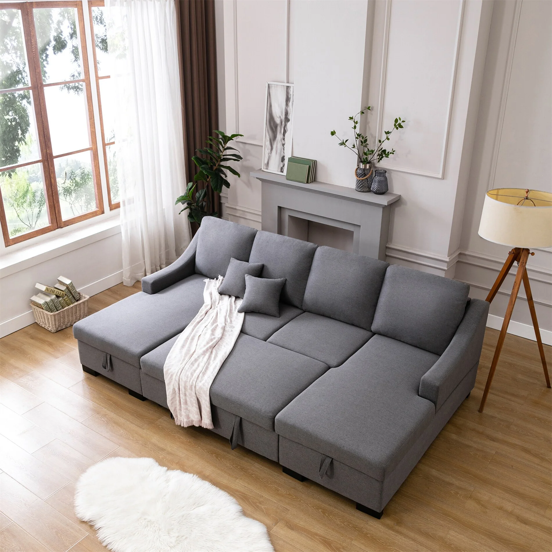BESTCOSTY Upholstery Sleeper Sofa with Double Storage Spaces, 2 Tossing Cushions