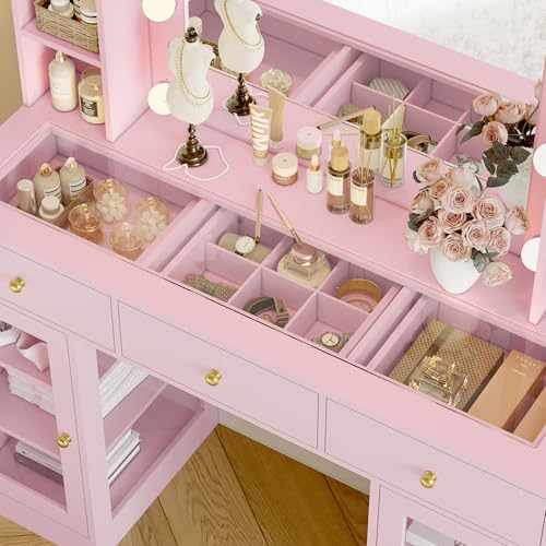 Makeup Vanity Desk with Mirror and Lights, White Vanity with Glass Top, LED Lights & Power Outlet, 3 Drawers & 2 RGB Glass Cabinets