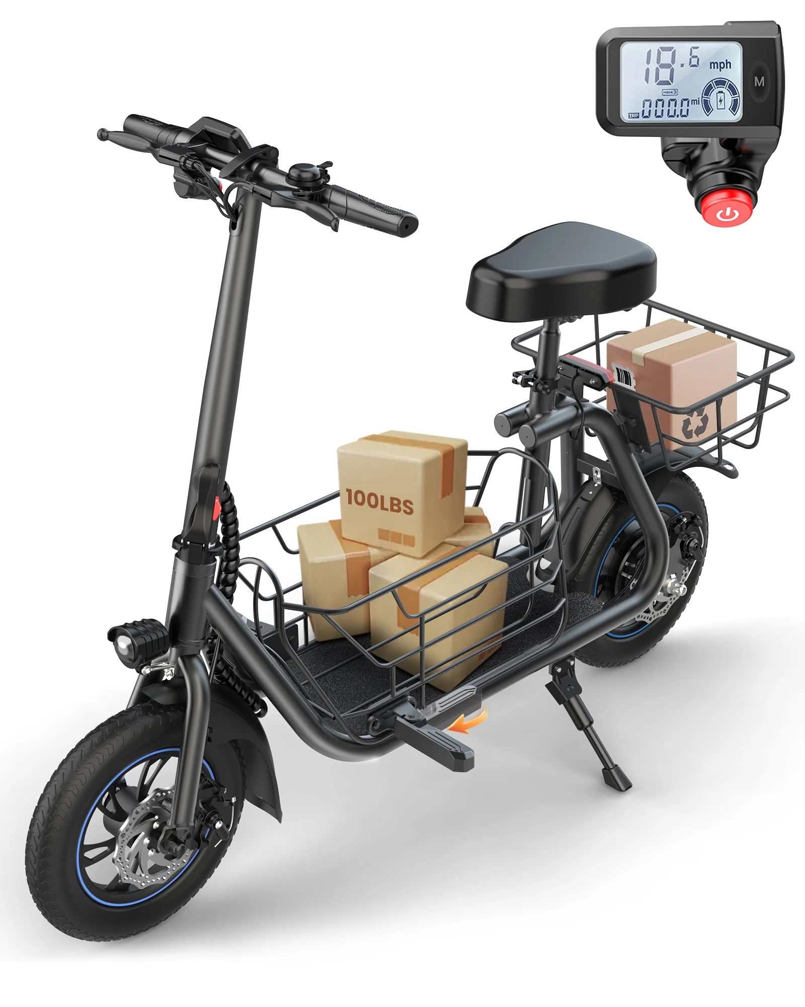 Kistp 550W Electric Scooter with Seat for Adult, 12 inch Commuter Electric Scooter for Pets with Front & Back Basket for Pets, Bigger Seat
