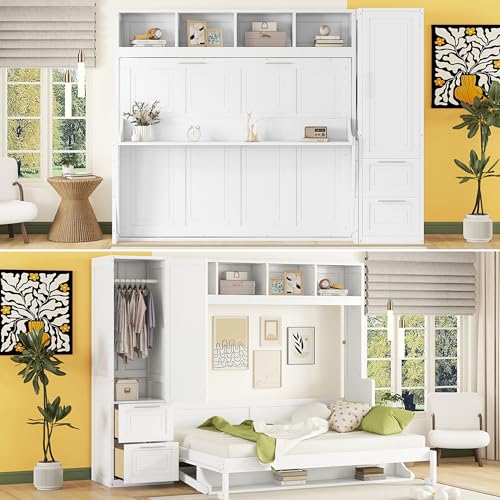 Harper & Bright Designs Queen Size Murphy Bed Wall Bed with Closet and Storage Drawers